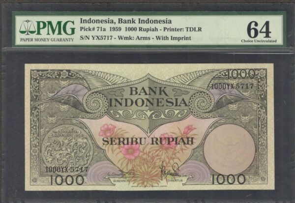 Indonesia 1000 1,000 Rupiah Thomas de La Rue 2 Letter P-71a 1959 PMG 64 CH UNC