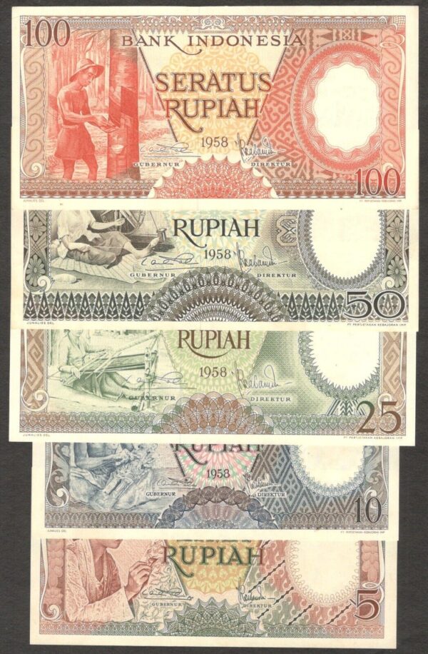 Set 5 Pcs Indonesia 5 10 25 50 100 Rupiah Workers P-55 59 1958 UNC