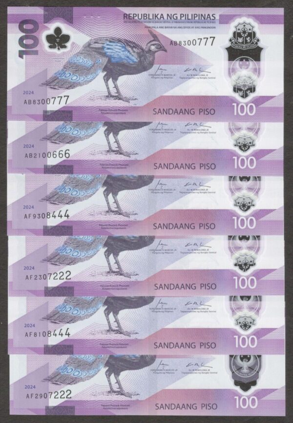 Lot 6 Pcs Philippines 100 Pesos Peacock Polymer Last 3 Digit Same 2024 UNC