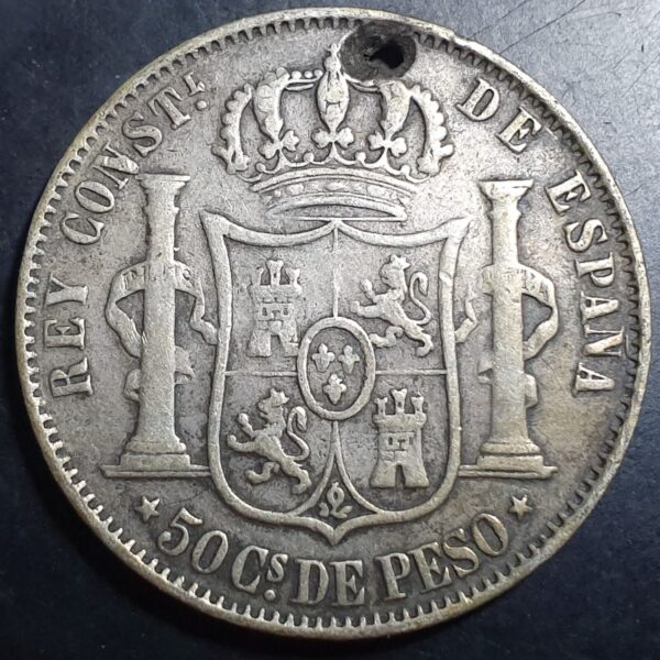 Spain Philippines 50 Centimos Alfonso XII 1883 XF Sharp Detail - Image 2