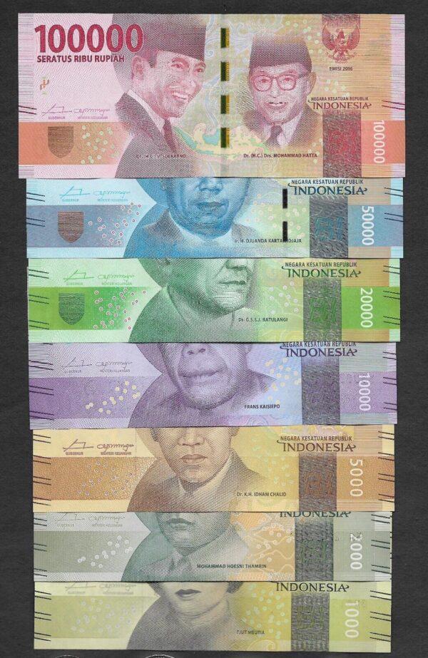 FullSet 7 Pcs Indonesia 1000 2000 5000 10000 20000 50000 100000 Rupiah 2016 UNC