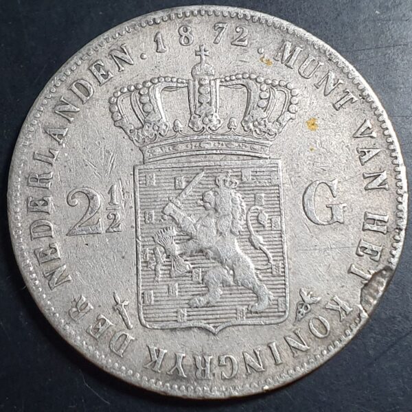 Netherlands 2 1/2 2.5 Gulden Willem William III 1872 VF Details - Image 2