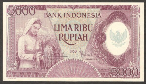 Indonesia 5000 5,000 Rupiah Rice Worker Violet P-64 1958 UNC