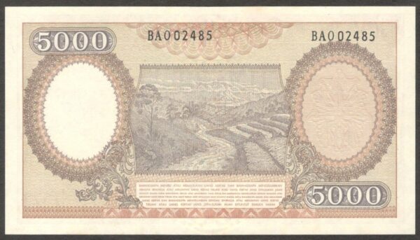 Indonesia 5000 5,000 Rupiah Rice Worker Violet P-64 1958 UNC - Image 2