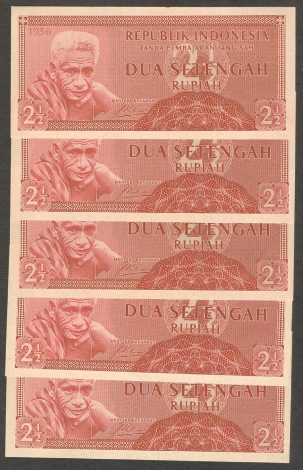 Lot 5 Pcs Indonesia 2.5 2 1/2 Rupiah Flores Man P-75 1956 UNC
