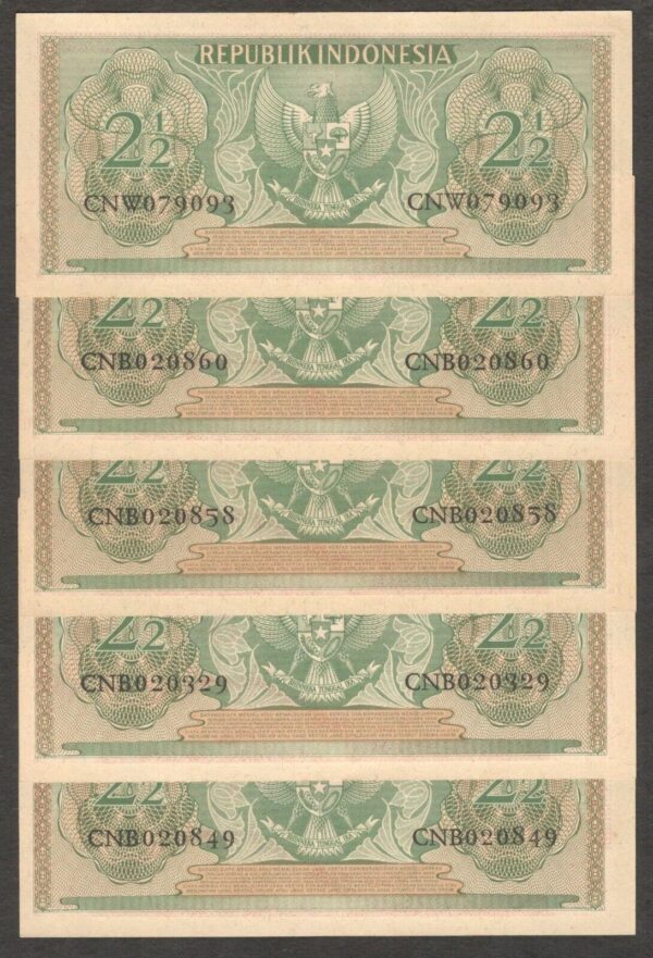 Lot 5 Pcs Indonesia 2.5 2 1/2 Rupiah Flores Man P-75 1956 UNC - Image 2
