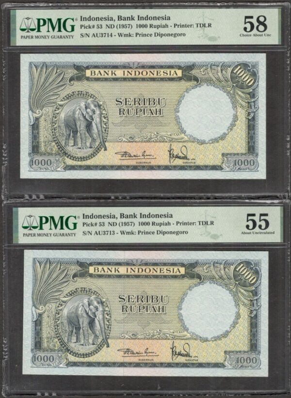 Lot 2 Pcs Consecutive Indonesia 1000 1,000 Rupiah Elephant 1957 PMG 55 58 Scarce