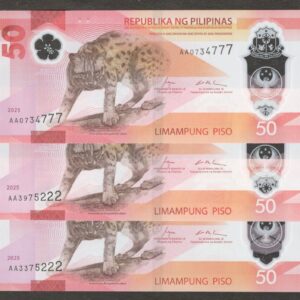 Lot 3 Pcs Philippines 50 Pesos Leopard Cat Polymer Last 3 Digit Same 2025 UNC