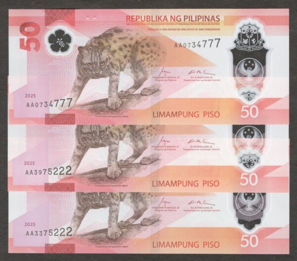 Lot 3 Pcs Philippines 50 Pesos Leopard Cat Polymer Last 3 Digit Same 2025 UNC