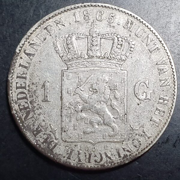 Netherlands 1 Gulden Willem William III 1865 VF Sharp Detail - Image 2