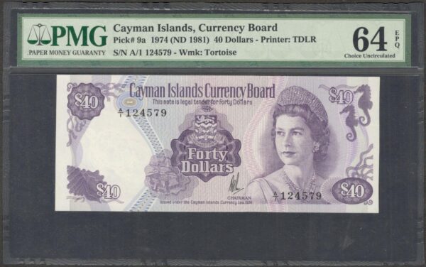 Cayman Islands 40 Dollars QE II P-9a 1974 (ND 1981) PMG 64 EPQ
