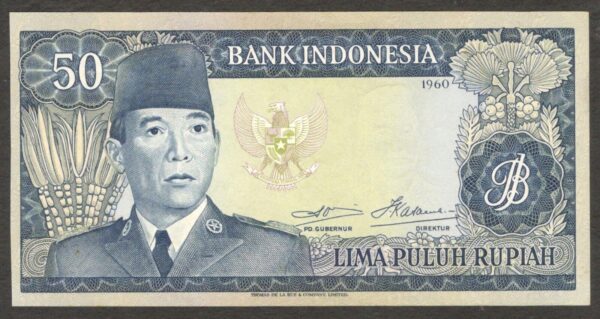 Indonesia 50 Rupiah President Soekarno Thomas de La Rue P-85a 1960 XF+ to AUNC