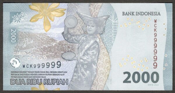 SOLID NUMBER Indonesia 2000 2,000 Rupiah P-163 2022 999999 UNC