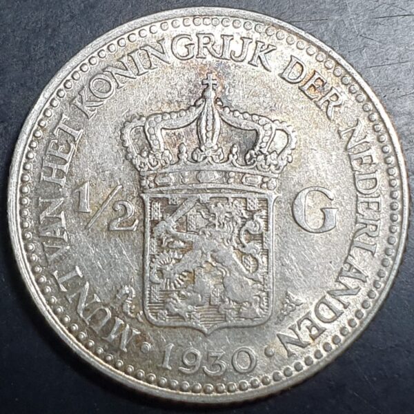 Netherlands 1/2 0.5 Gulden Wilhelmina 1930 Silver Original Luster + Toning - Image 2