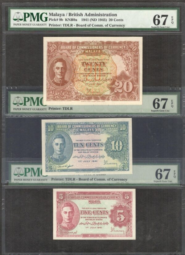 Set 3 Pcs Malaya 5 10 20 Cent King George VI P-7a 8a 9b 1941 PMG 67 EPQ