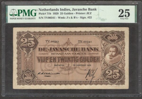 Netherlands Indies Indonesia 25 Gulden JP Coen P-71b 1929 Michelsen Sign Scarce