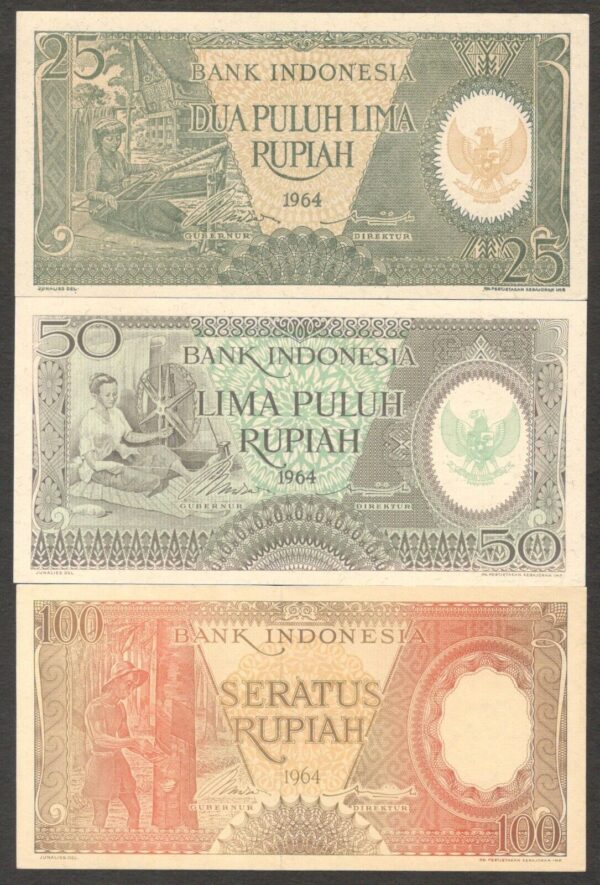 Set 3 Pcs Indonesia 25 50 100 Rupiah Workers P-95 96 97 1964 UNC