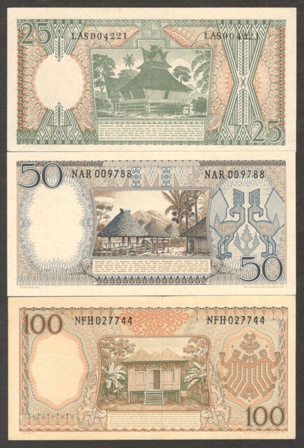 Set 3 Pcs Indonesia 25 50 100 Rupiah Workers P-95 96 97 1964 UNC - Image 2