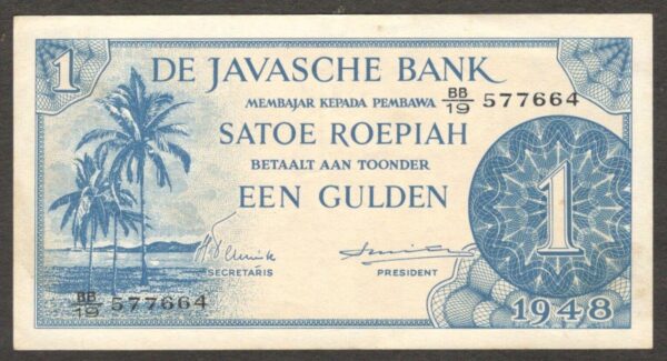 Netherlands Indies Indonesia 1 Gulden Blue Palm Tree P-98 1948 aUNC
