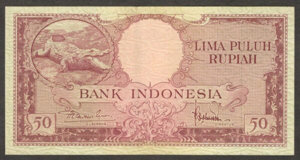 Indonesia 50 Rupiah Crocodile P-50 1957 Crisp Paper XF+