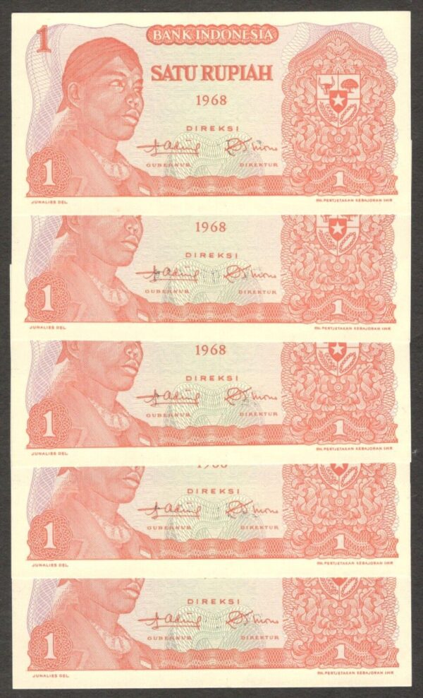 Lot 5 Pcs Indonesia 1 Rupiah General Sudirman P-102 1968 UNC Taken from Bundle