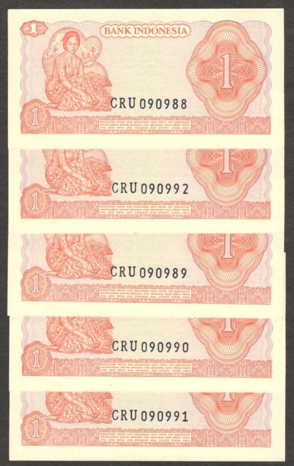Lot 5 Pcs Indonesia 1 Rupiah General Sudirman P-102 1968 UNC Taken from Bundle - Image 2