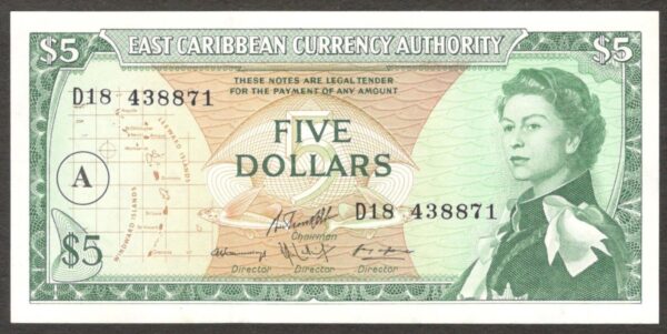 East Caribbean / Antigua 5 Dollars Ovpt A in Cirle QE II P-14i 1965 aUNC