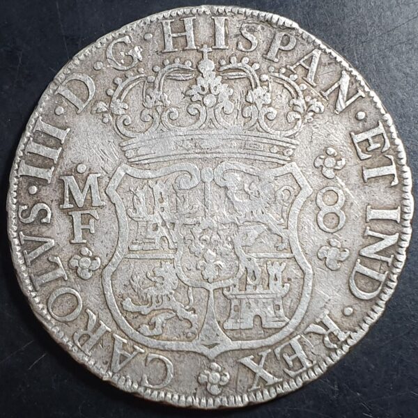 Mexico Spanish Colonial 8 Reales Two Pillar Carol Carolus III 1767 Mo MF VF - Image 2