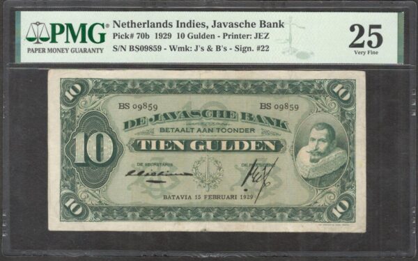 Netherlands Indies Indonesia 10 Gulden JP Coen P-70b 1929 Michelsen Sign Scarce
