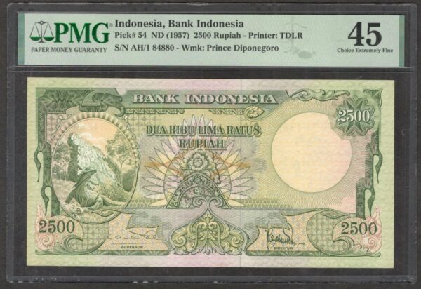 Indonesia 2,500 2500 Rupiah Komodo Dragon Lizard P-54 1957 PMG 45 Ch EF NoRemark