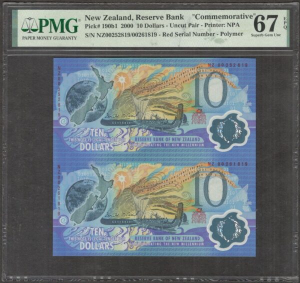 New Zealand 10 Dollars Uncut Sheet 2x1 P-190b1 2000 PMG 67 EPQ TOP POP