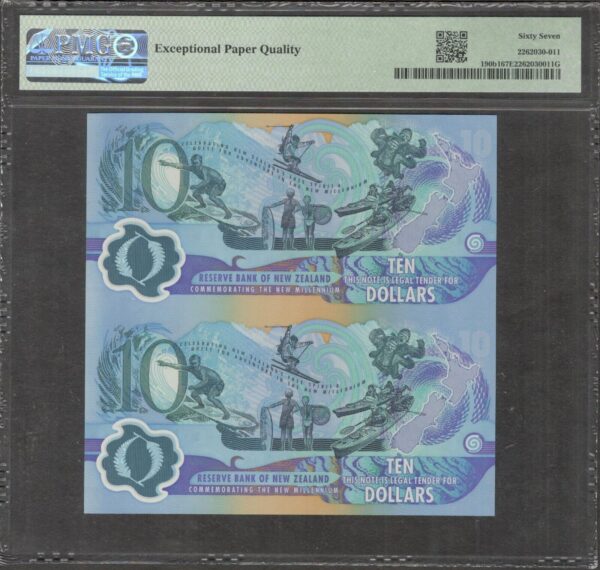 New Zealand 10 Dollars Uncut Sheet 2x1 P-190b1 2000 PMG 67 EPQ TOP POP - Image 2