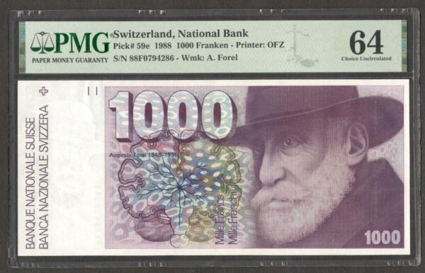 Switzerland 1,000 1000 Franken Auguste Forel P-59e 1988 PMG 64 Ch UNC No Remark