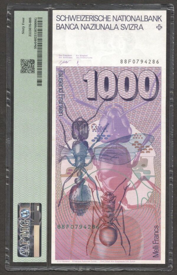 Switzerland 1,000 1000 Franken Auguste Forel P-59e 1988 PMG 64 Ch UNC No Remark - Image 2