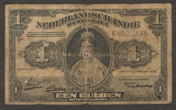 Netherlands Indies 1 Gulden Queen Wilhelmina Muntbiljet P-100 1920 VG Scarce - Image 2