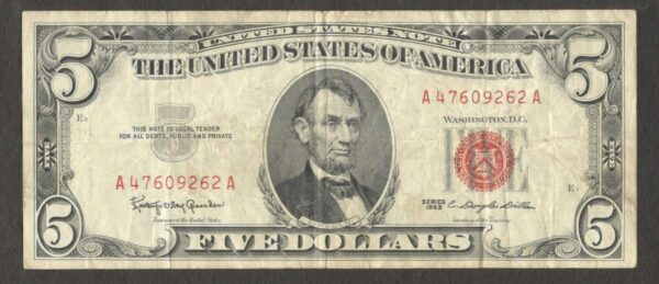 United States 5 Dollars Abraham Lincoln Red Seal 1963 # A 47609262 A