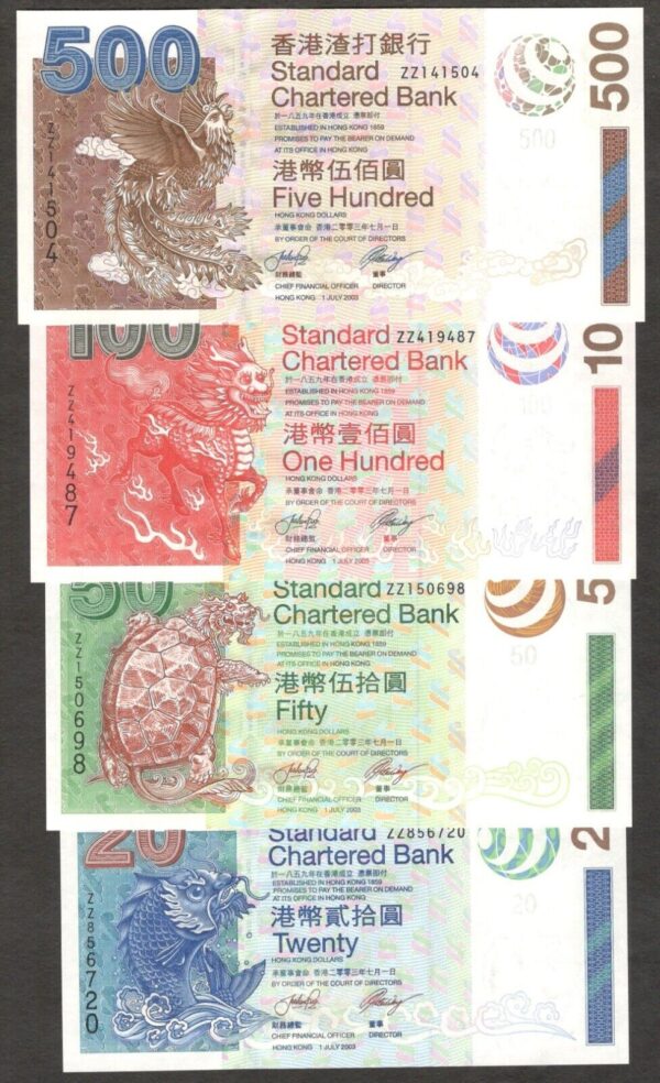 Set 4 Pcs Hong Kong 20 50 100 500 Dollars Replacement ZZ P-291 to 294 2003 UNC