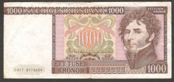 Sweden Sveriges Riksbank 1,000 1000 Kronor P-55a 1977 VF Crisp Paper