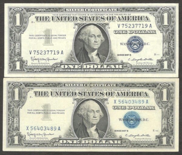 Lot 2 Pcs United States 1 Dollar Washington Silver Certificate 1957 B VF