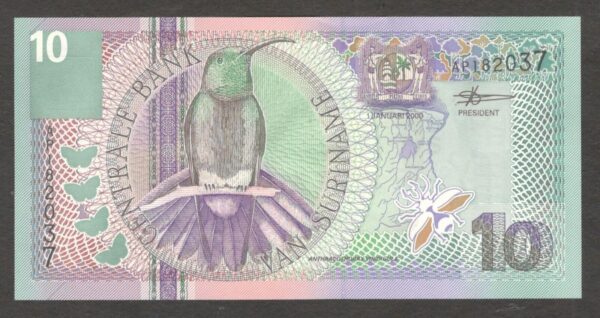Suriname 10 Gulden Hummingbird 1 January 2000 UNC