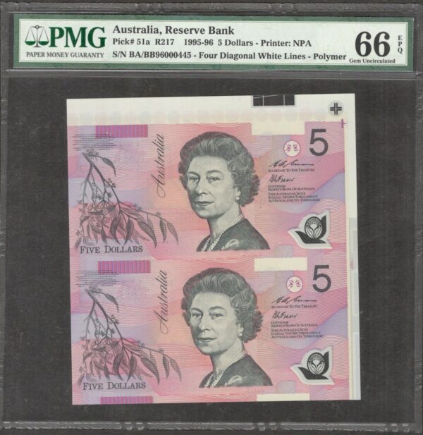 Australia 5 Dollars Uncut Sheet 2x1 P-51a 1995-96 PMG 66 EPQ GEM UNC