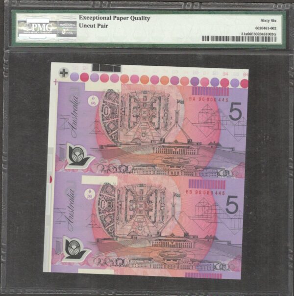 Australia 5 Dollars Uncut Sheet 2x1 P-51a 1995-96 PMG 66 EPQ GEM UNC - Image 2