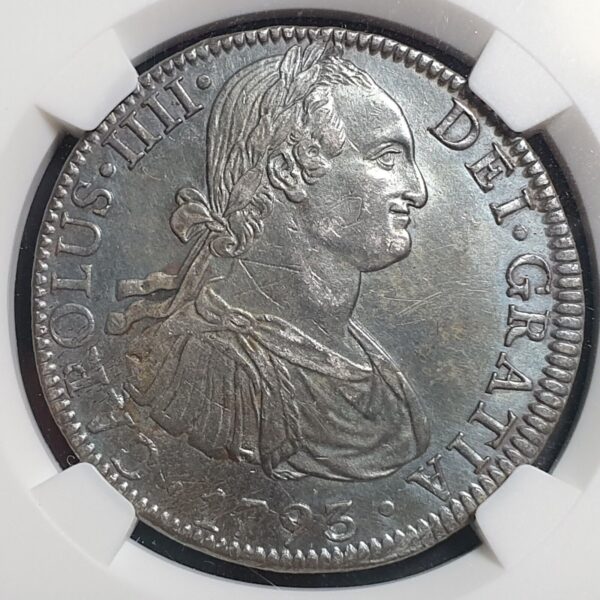 Mexico Spanish Colonial 8 Reales Carol Carolus IIII 1793 Mo FM NGC AU Details