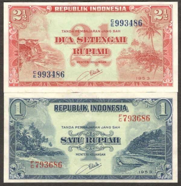 Full Set 2 Pcs Indonesia 1 & 2 1/2 Rupiah Rice Terrace P-40 41 1953 UNC