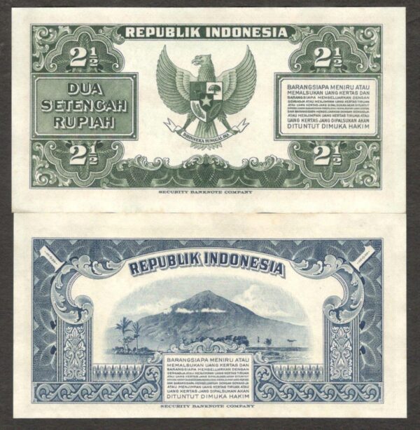 Full Set 2 Pcs Indonesia 1 & 2 1/2 Rupiah Rice Terrace P-40 41 1953 UNC - Image 2