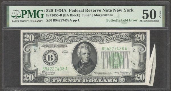 ERROR United States 20 Dollars Jackson Butterfly Fold Fr#2055-B 1934A PMG 50 EPQ