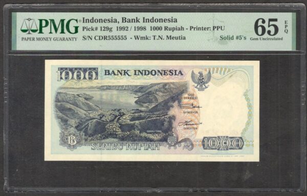 Indonesia 1000 1,000 Rupiah P-129g 1992 / 1998 PMG 65 EPQ Solid 555555 S/N