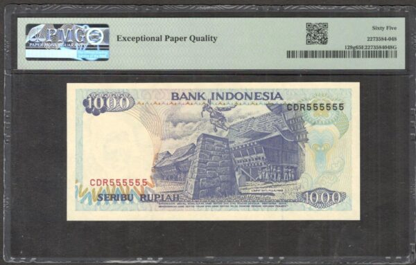 Indonesia 1000 1,000 Rupiah P-129g 1992 / 1998 PMG 65 EPQ Solid 555555 S/N - Image 2