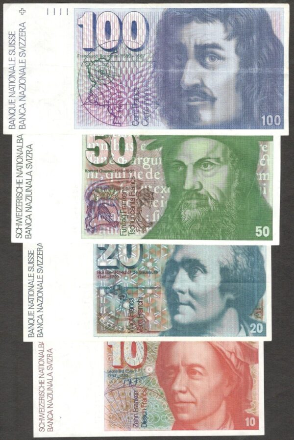 Set 4 Pcs Switzerland 10 20 50 100 Franken Francs 1981 - 1991 VF to aUNC-