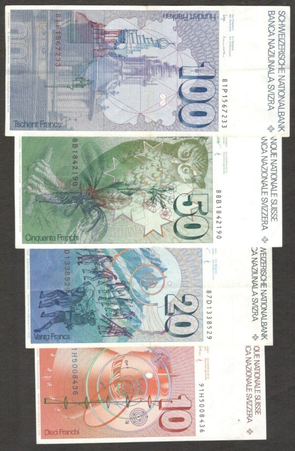 Set 4 Pcs Switzerland 10 20 50 100 Franken Francs 1981 - 1991 VF to aUNC- - Image 2